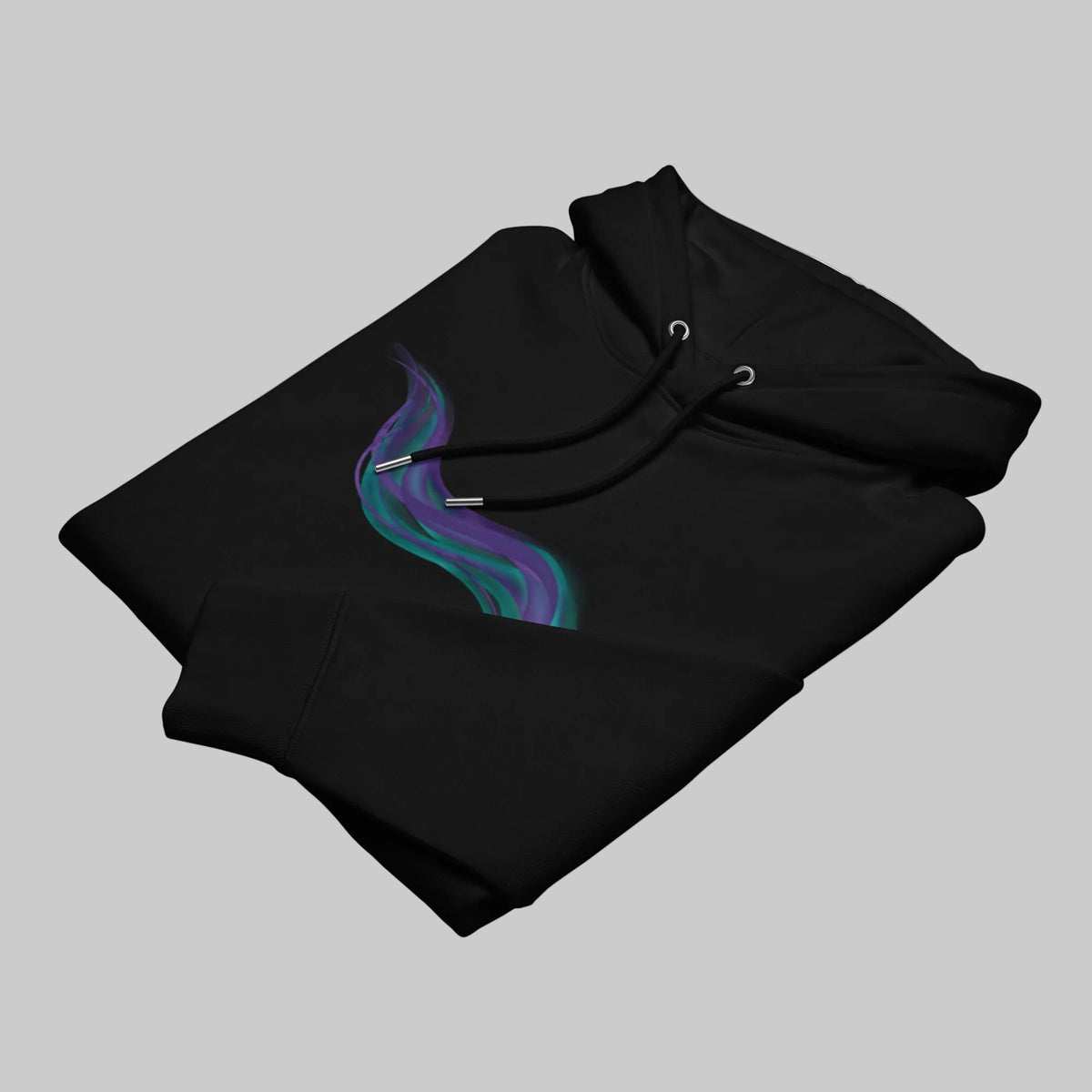 Angled view of the black premium eco hoodie by Novapuro highlighting the minimalist aurora wave print.