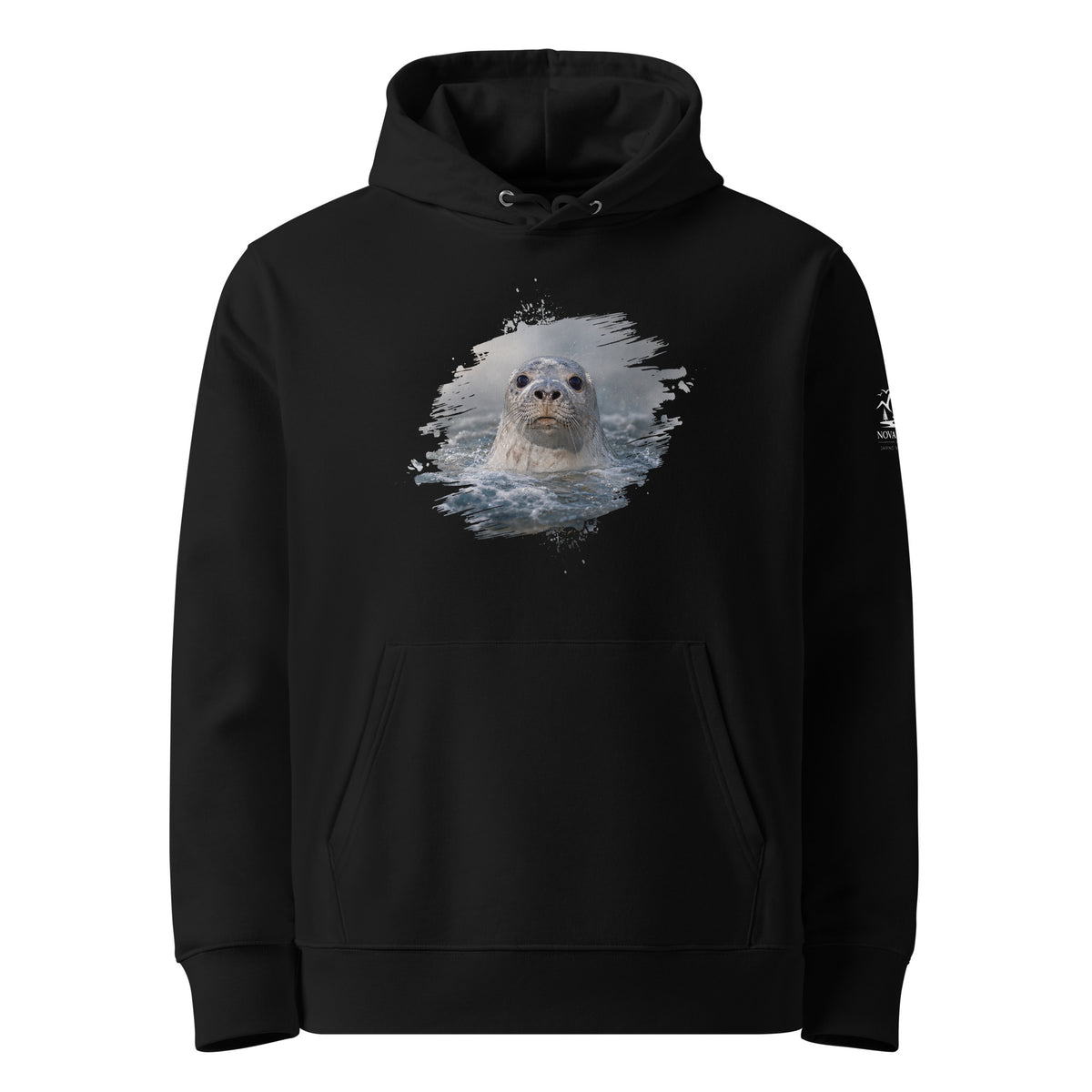 Detailed front view of the comfortable Baltic Grey Seal sustainable organic hoodie, showcasing the crisp and serene Baltic Sea wildlife art by Jarno Virtanen.