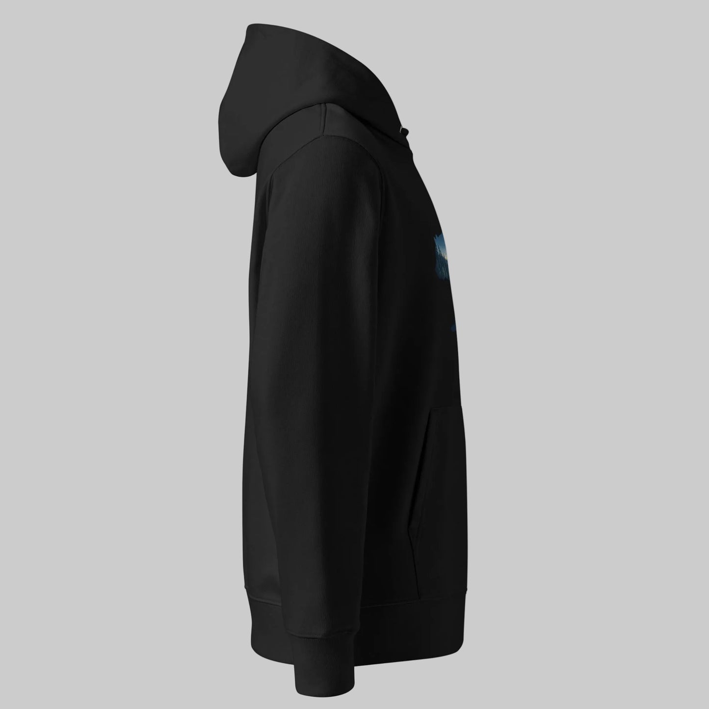 A black eco-friendly 100% organic cotton hoodie featuring a Nordic midnight sun bear silhouette design by Novapuro.