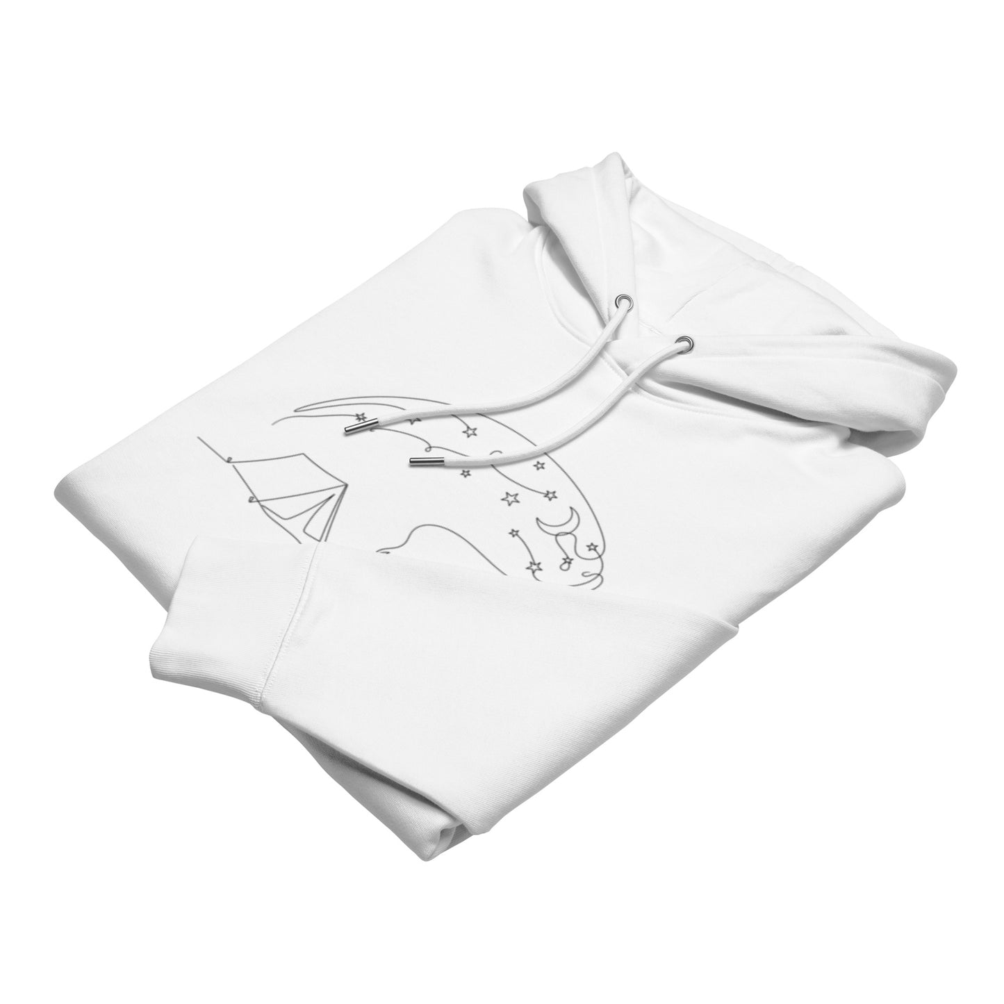 Close-up of the continuous line art camping graphic and double-layered hood on the premium white eco-friendly hoodie.