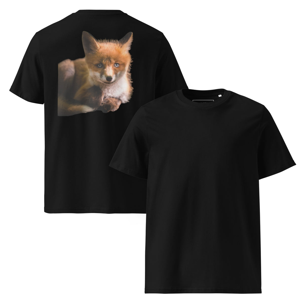Close-up of the 'Wild Fox' photography print on the back of the black organic cotton t-shirt, highlighting the premium details.