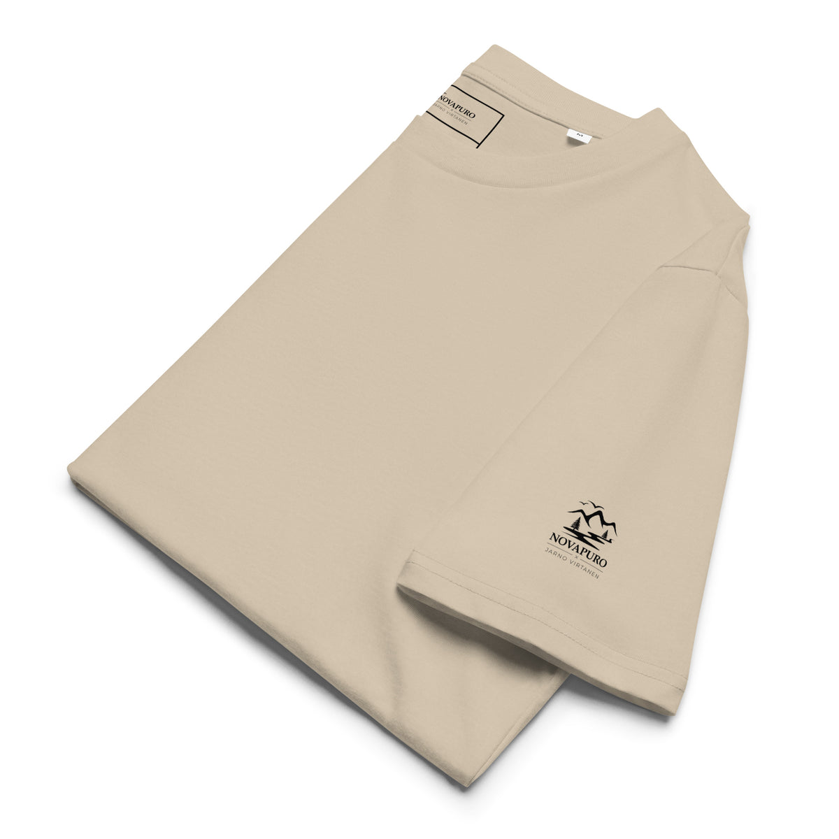Folded sand-colored Novapuro organic cotton t-shirt highlighting the premium zero-waste sustainable fabric.