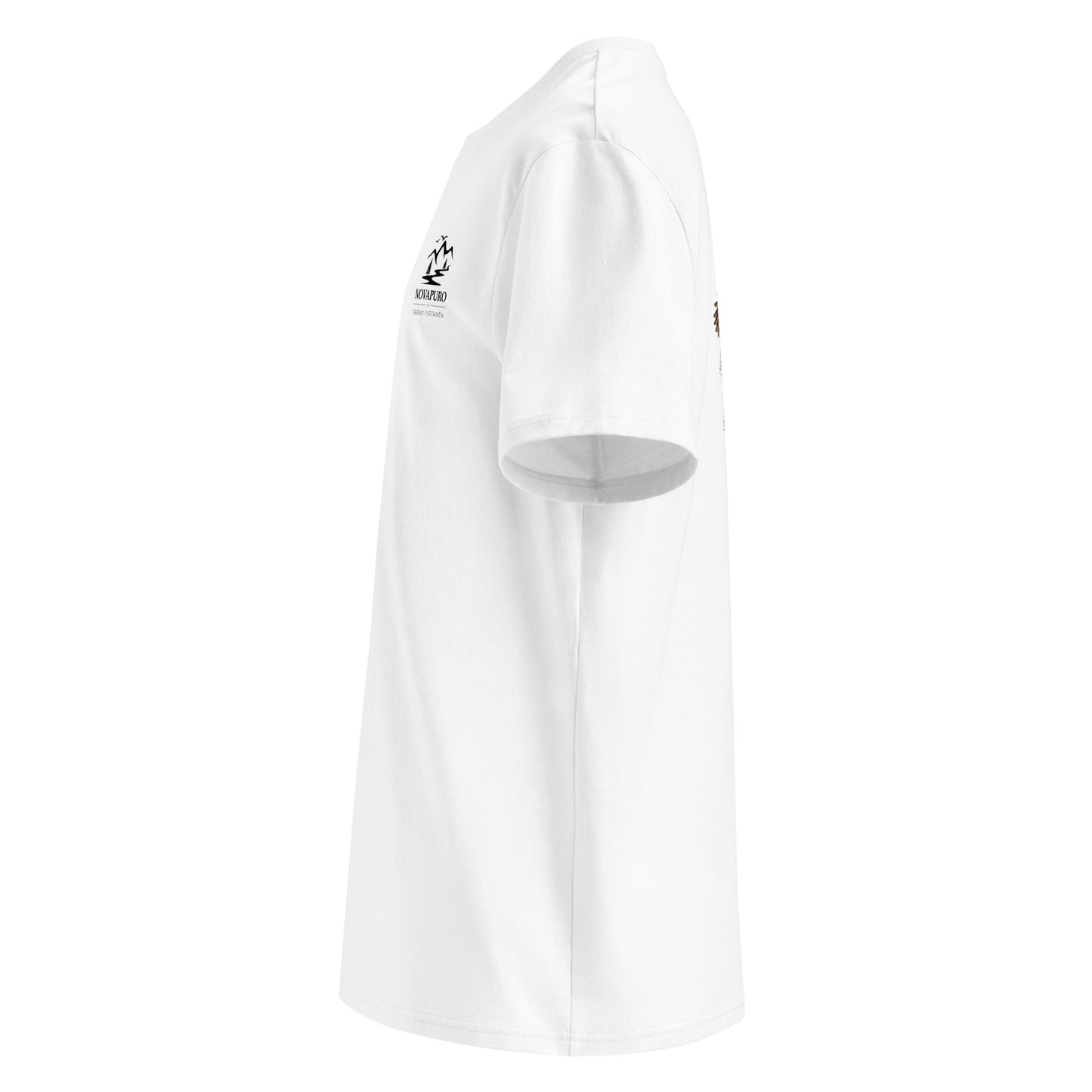 Side profile view of the unisex white organic cotton t-shirt by Novapuro, premium eco-friendly streetwear