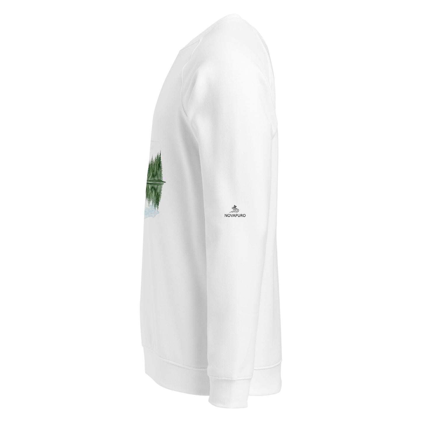 White Serene Lake organic raglan sweatshirt with a minimalist Nordic summer lake landscape print.