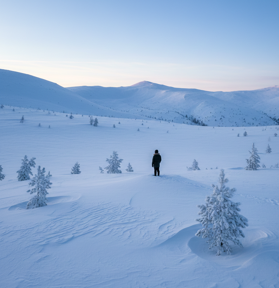 A peaceful snowy mountain landscape under a clear sky, capturing the essence of northern serenity.