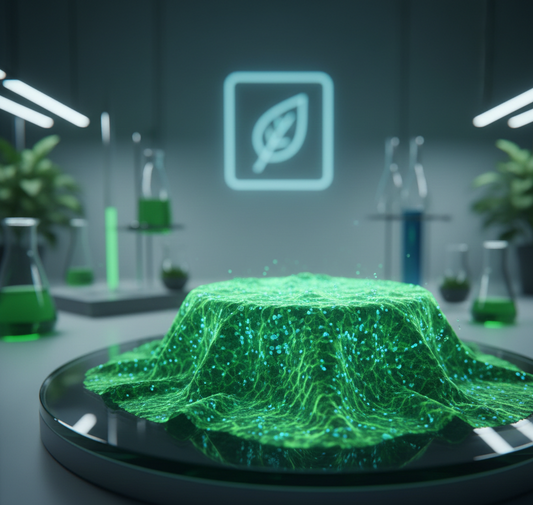 A close-up of a futuristic green textile with a living algae structure, representing sustainable innovation.