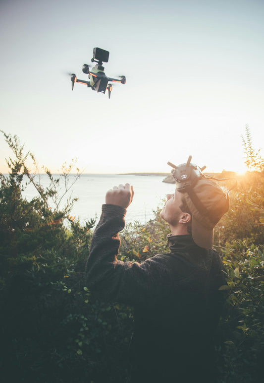 High-tech drone flying over a forest, illustrating reforestation technology planting trees from the sky.