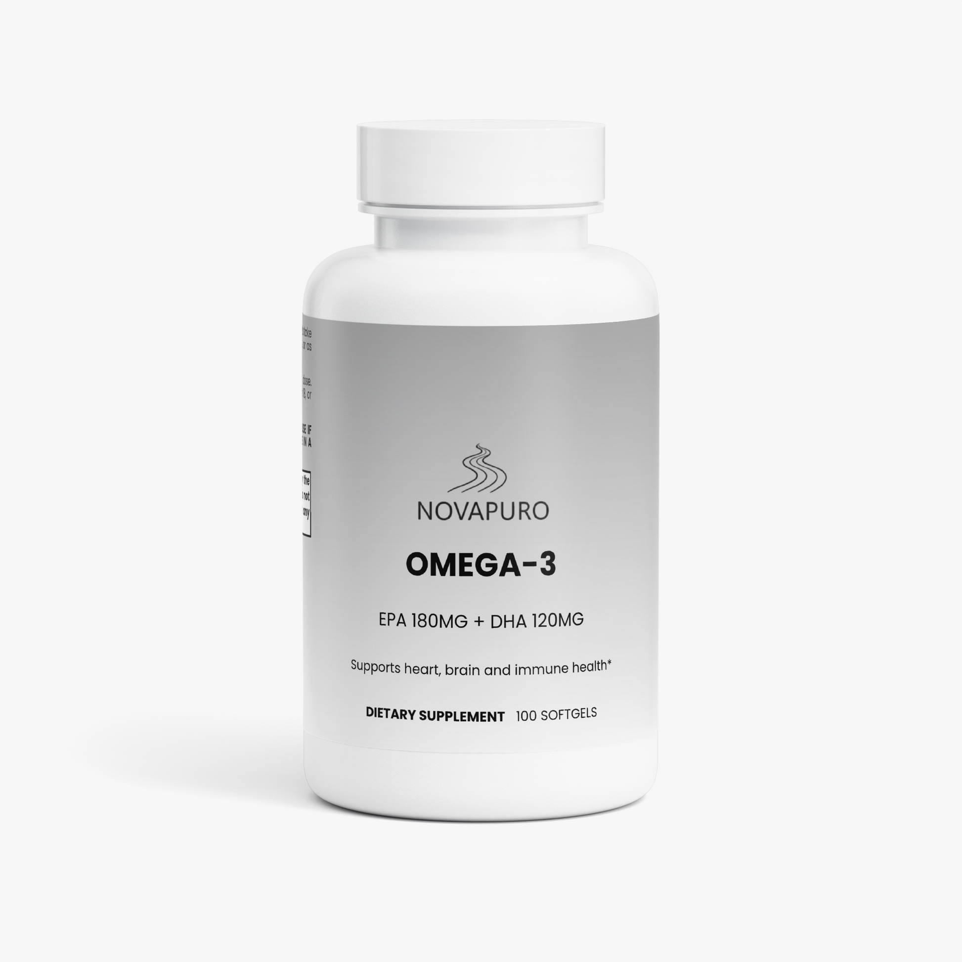Novapuro Nordic Wilderness Omega-3 supplement bottle featuring a premium grey and white label. Ultra-purified fish oil softgels for heart and brain support.