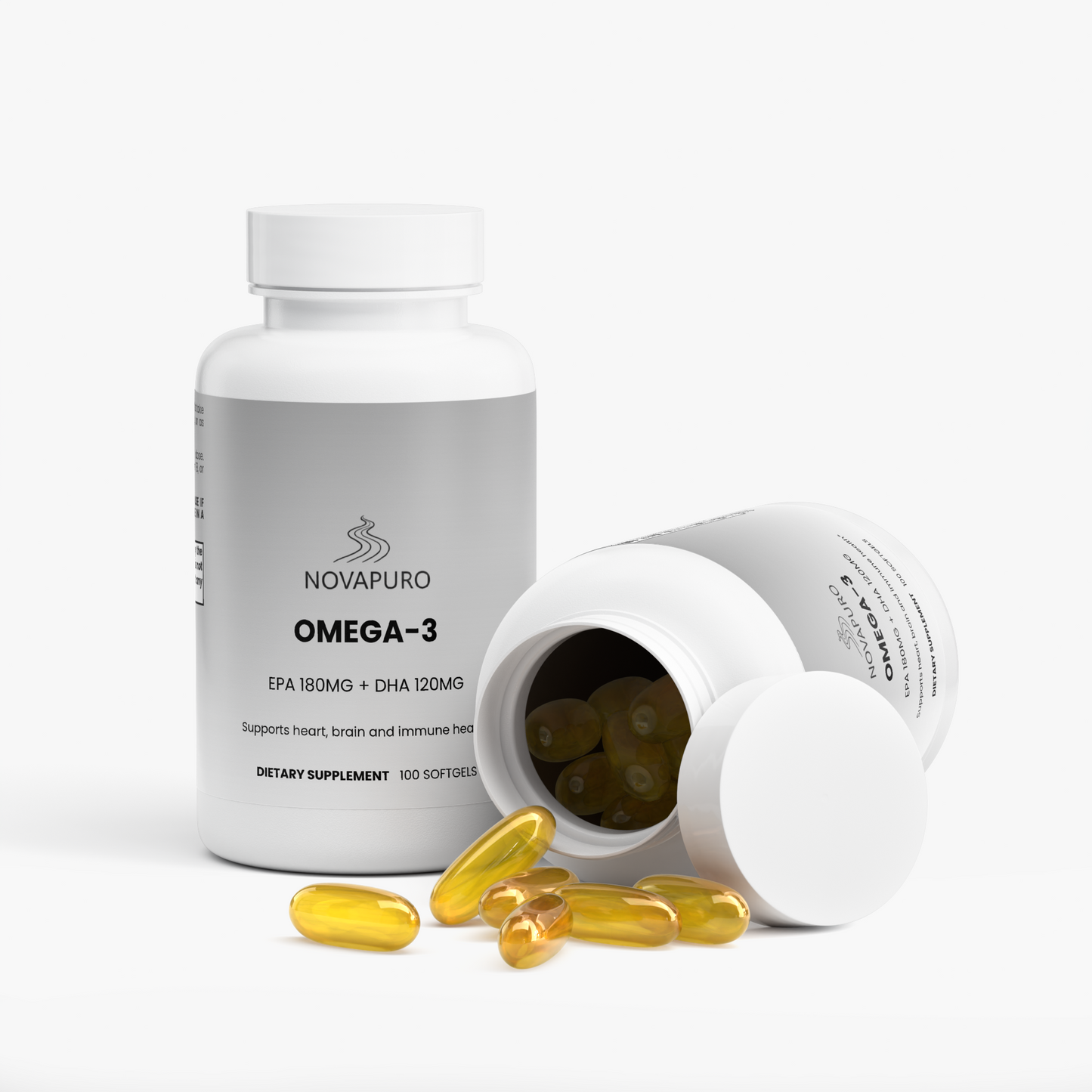 Clean, Nordic-inspired grey packaging of Novapuro Omega-3 softgels for daily vitality and performance.