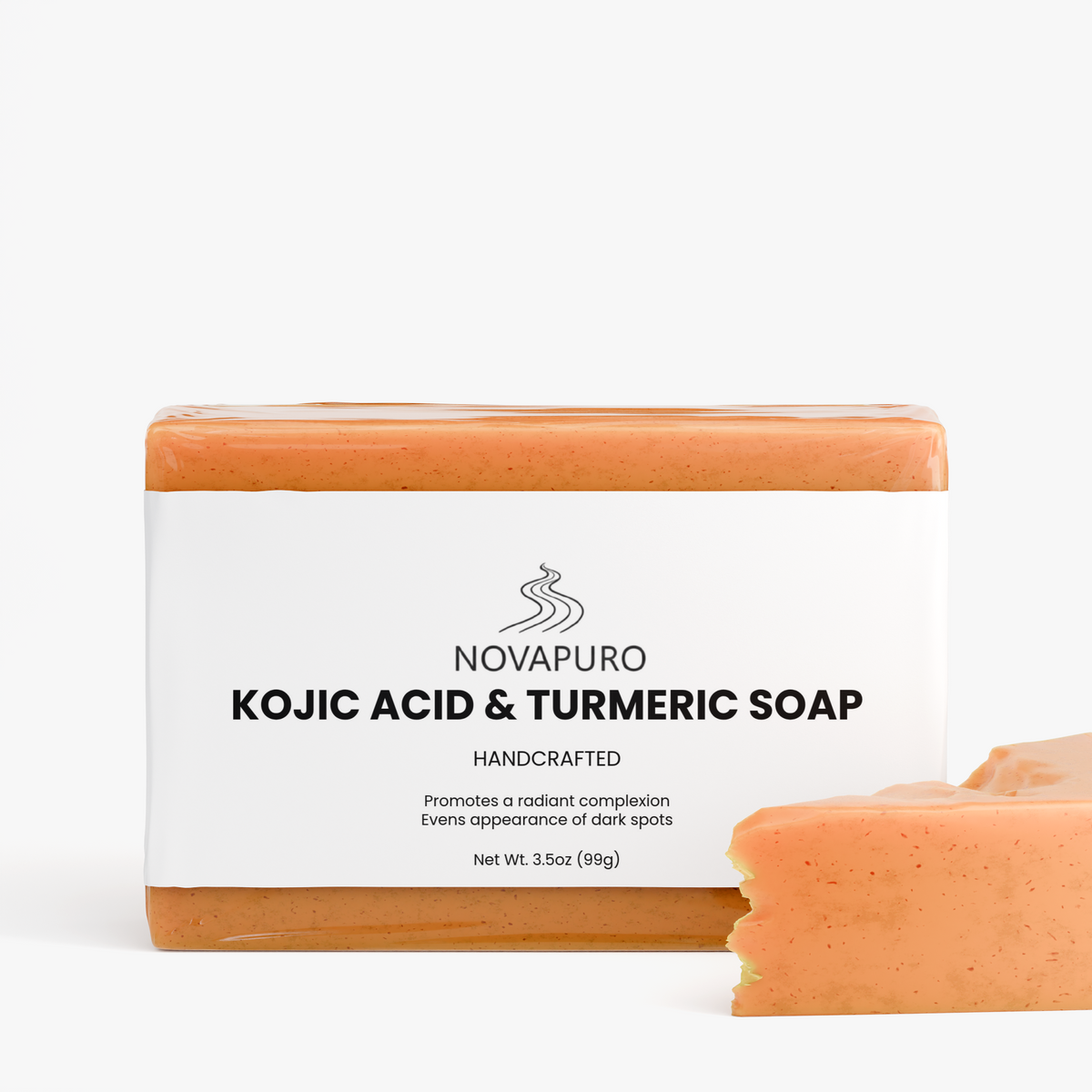 Novapuro Nordic Wilderness Kojic Acid and Turmeric Soap bar with clean minimalist packaging. Natural brightening skincare.
