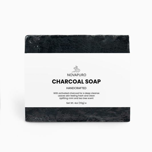 Novapuro Nordic Wilderness purifying charcoal soap in clean minimalist packaging. Natural deep cleansing skincare.