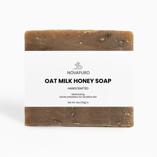 Novapuro Nordic Wilderness Oat Milk and Honey soap bar in minimalist packaging for sensitive skin.