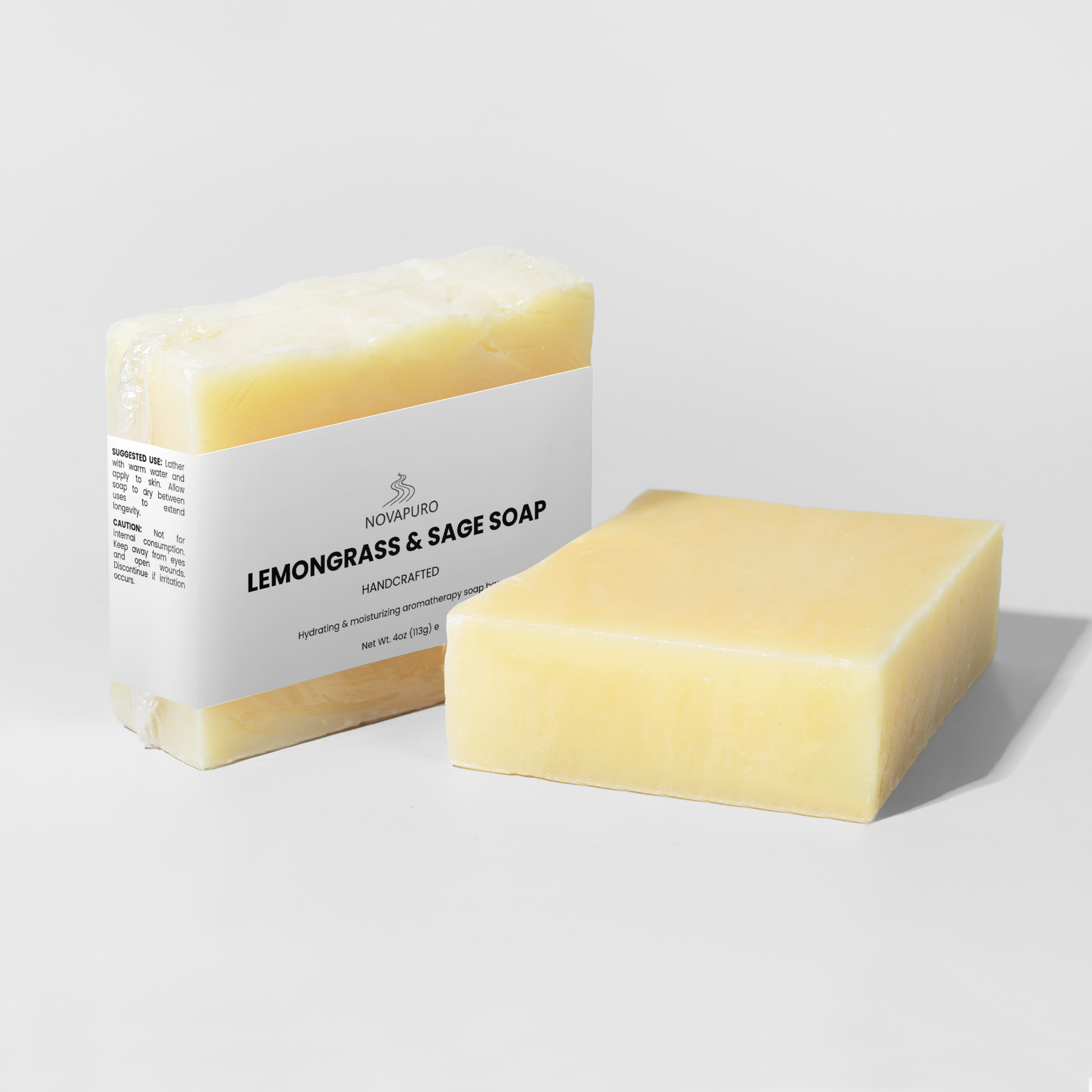 Handcrafted organic lemongrass and sage soap bar by Novapuro, made with fair trade oils for sensitive skin hydration.