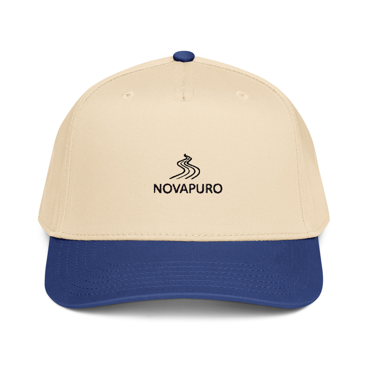 Front view of the Novapuro 5-panel cap featuring the subtle brand logo on a structured front panel.
