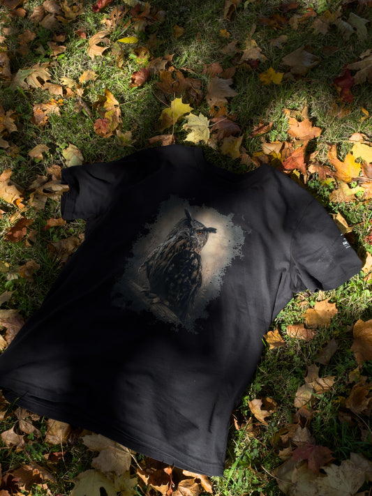Novapuro x Jarno Virtanen - Eagle Owl's Gaze Organic Cotton Eco T-Shirt | Nordic Wilderness