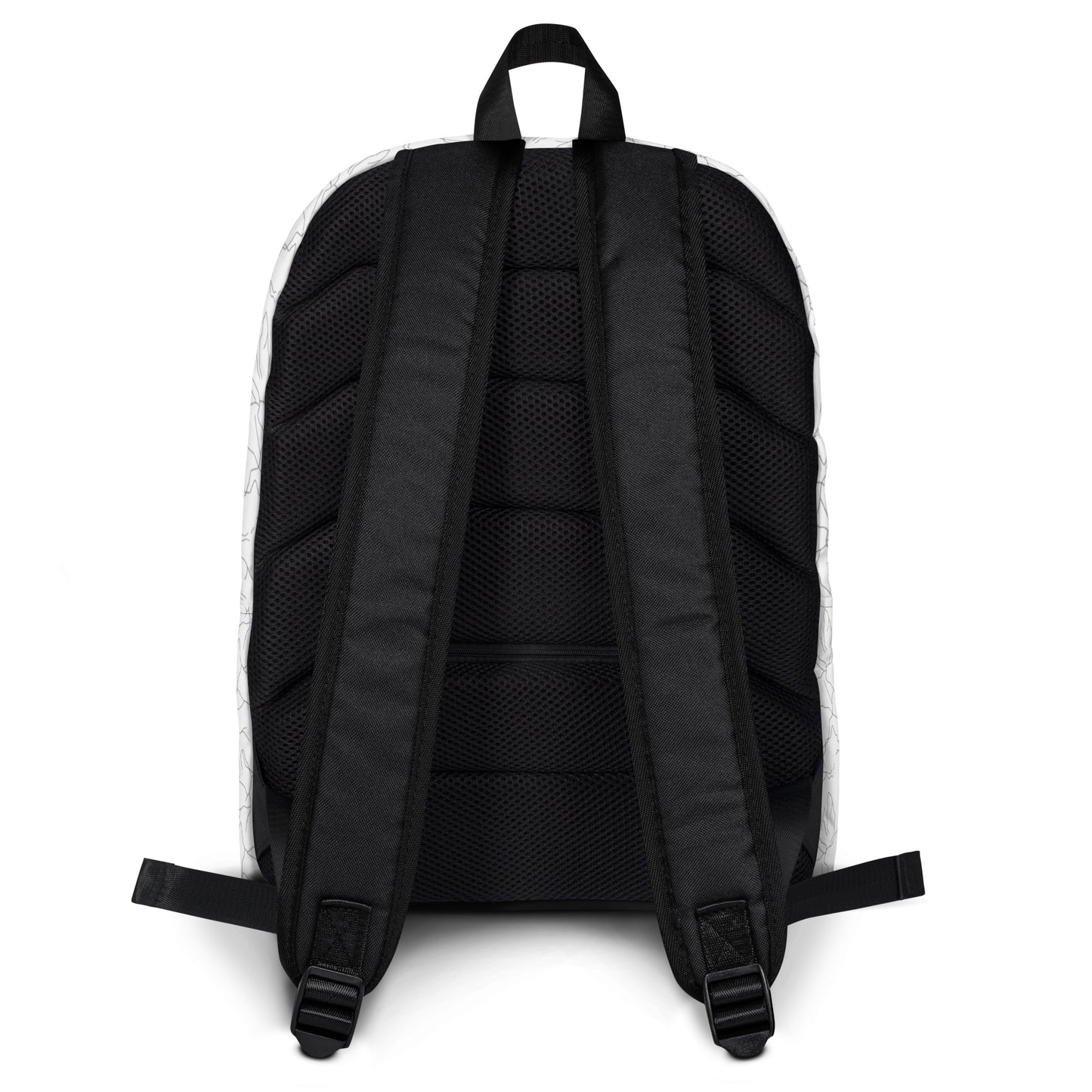 Minimalist white everyday backpack with a seamless black abstract pattern resembling cracking spring ice by Novapuro
