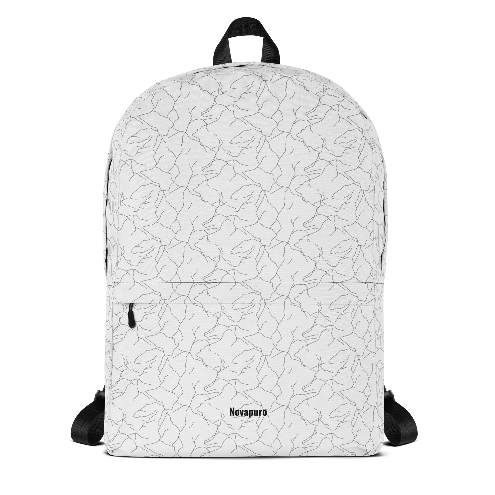 Minimalist white everyday backpack with a seamless black abstract pattern resembling cracking spring ice by Novapuro