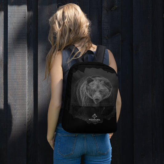 A premium backpack featuring a Nordic bear design, a functional and durable wildlife art collaboration between Novapuro and Auli Leivonen.