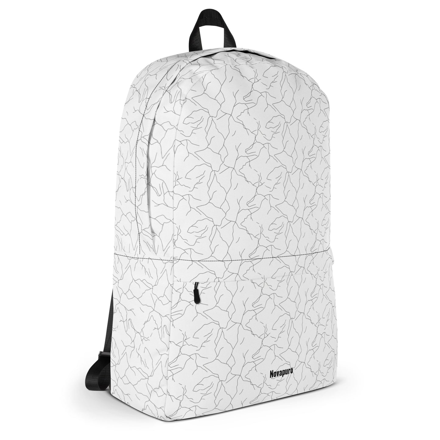 Minimalist white everyday backpack with a seamless black abstract pattern resembling cracking spring ice by Novapuro
