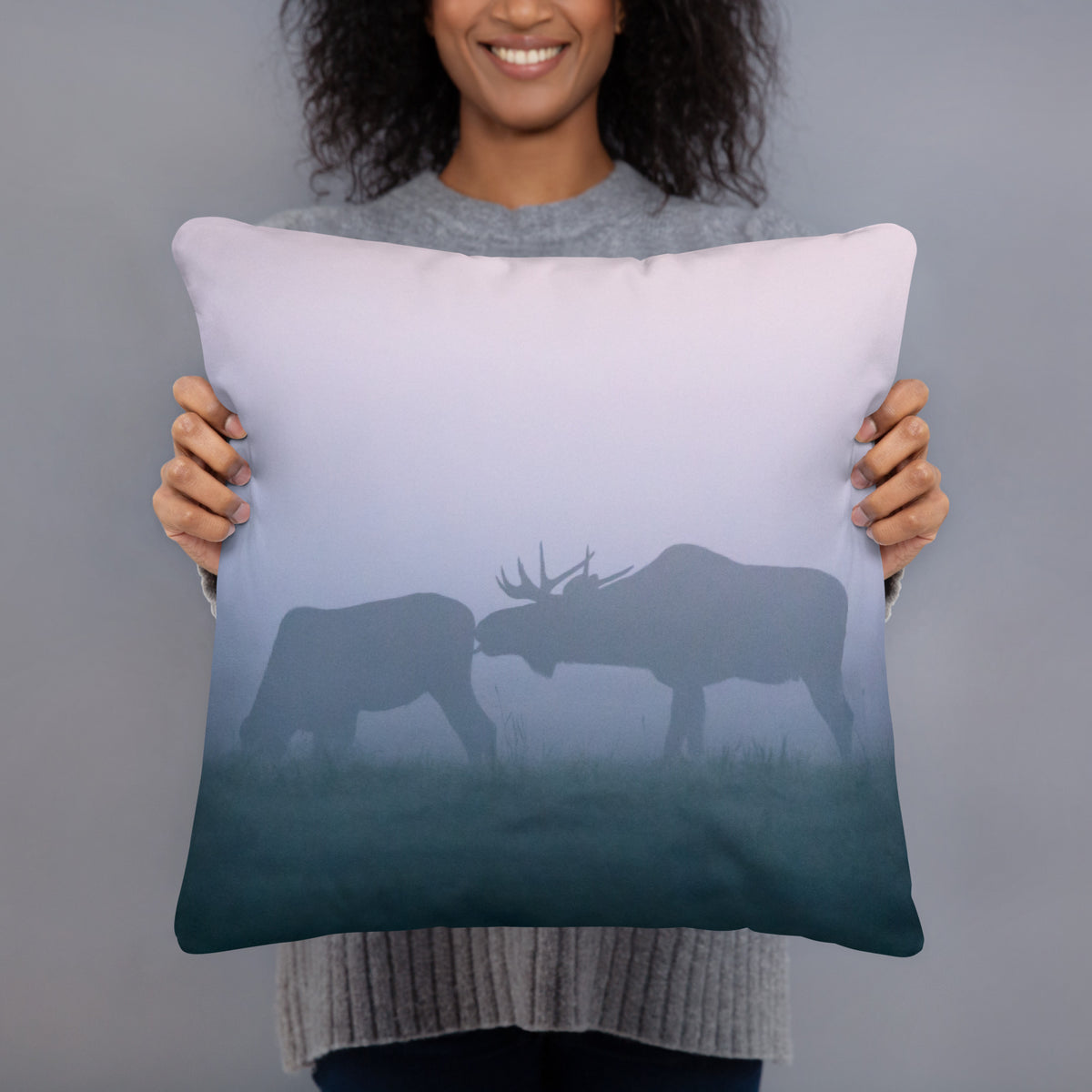 Close-up view of the Mikko Monto x Novapuro decorative throw pillow featuring the misty Finnish landscape