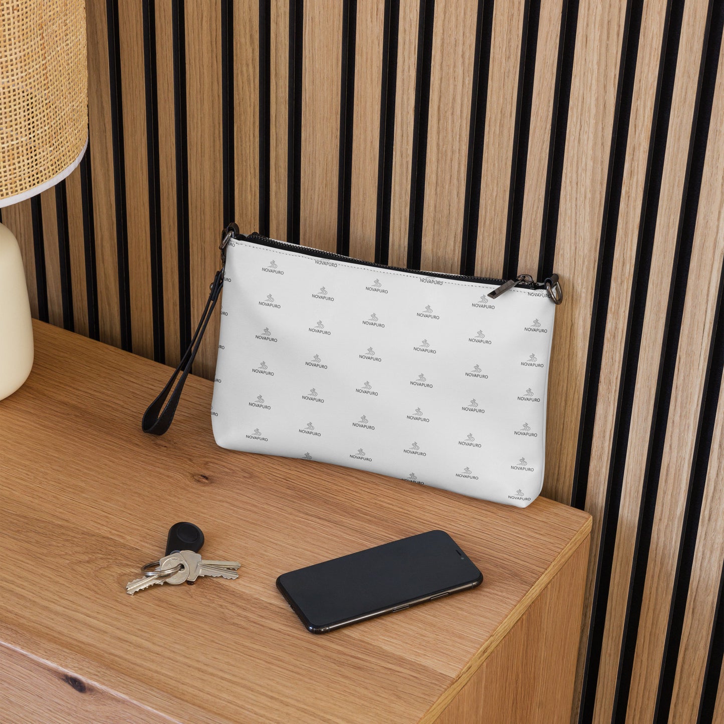 Novapuro Signature Monogram Crossbody Bag - Minimalist Nordic design with repeating logo pattern on premium faux leather.