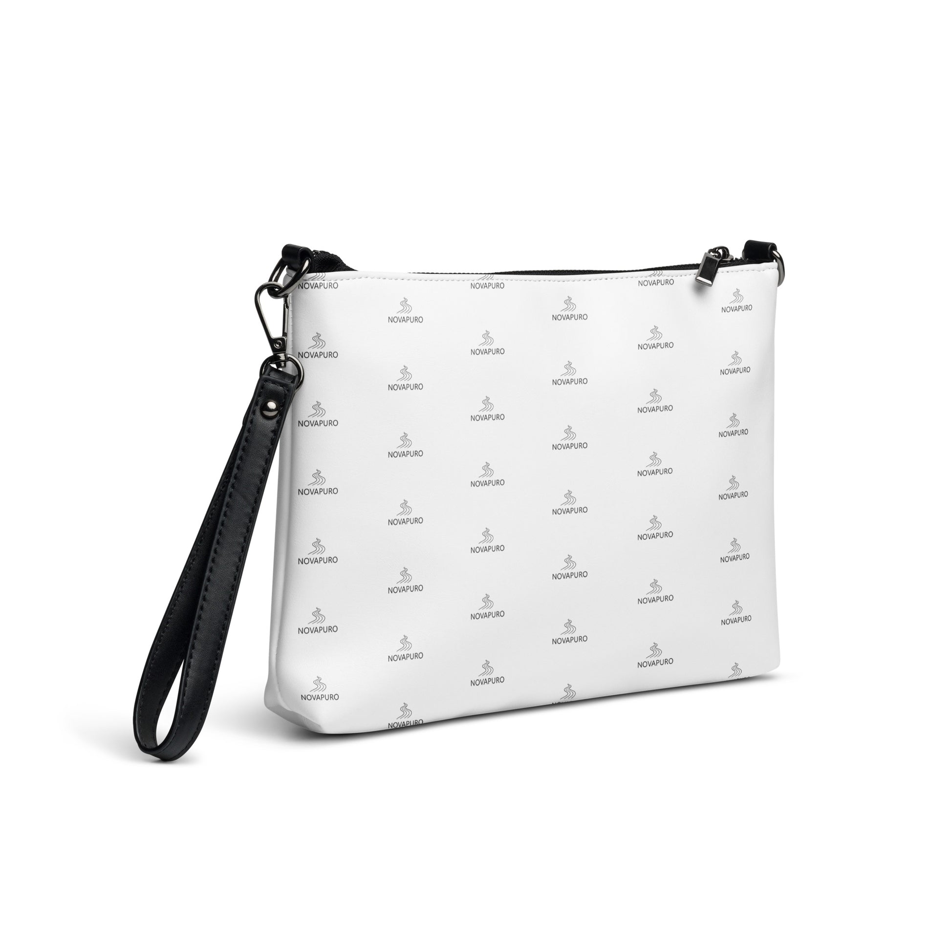 Novapuro Signature Monogram Crossbody Bag - Minimalist Nordic design with repeating logo pattern on premium faux leather.