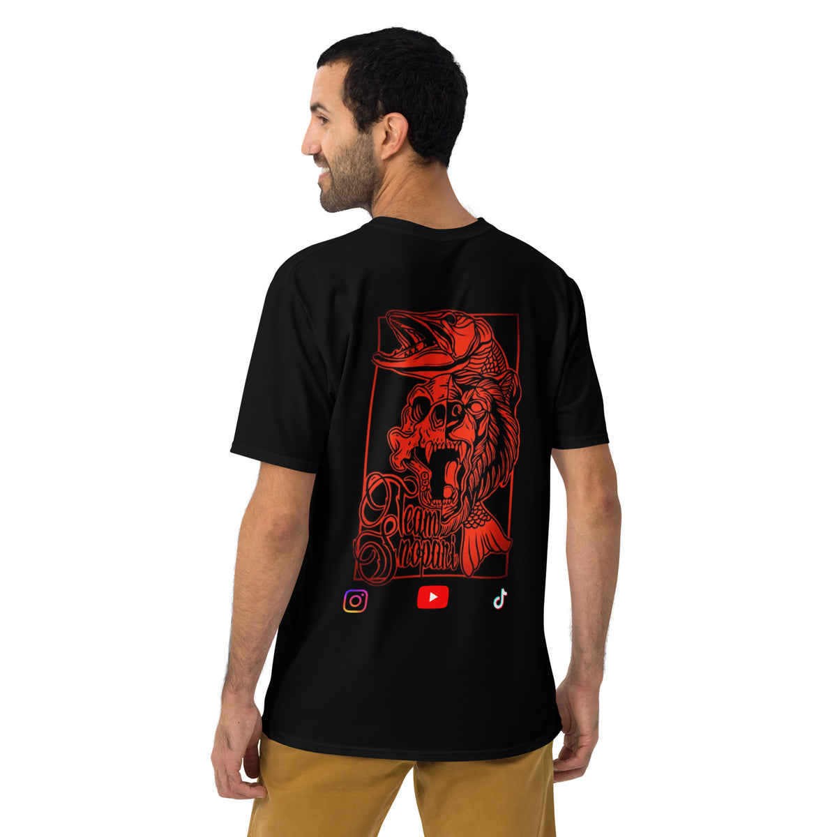  Black Team Snöpäri performance t-shirt from the back, featuring a bold red graphic illustration, Novapuro Nordic streetwear.   