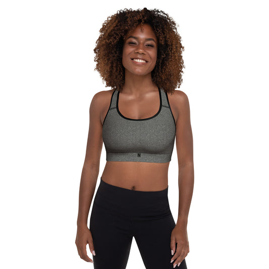 Novapuro Nordic Granite Padded Sports Bra. Supportive fitness top with grey stone pattern. Ideal for yoga, gym, and running.