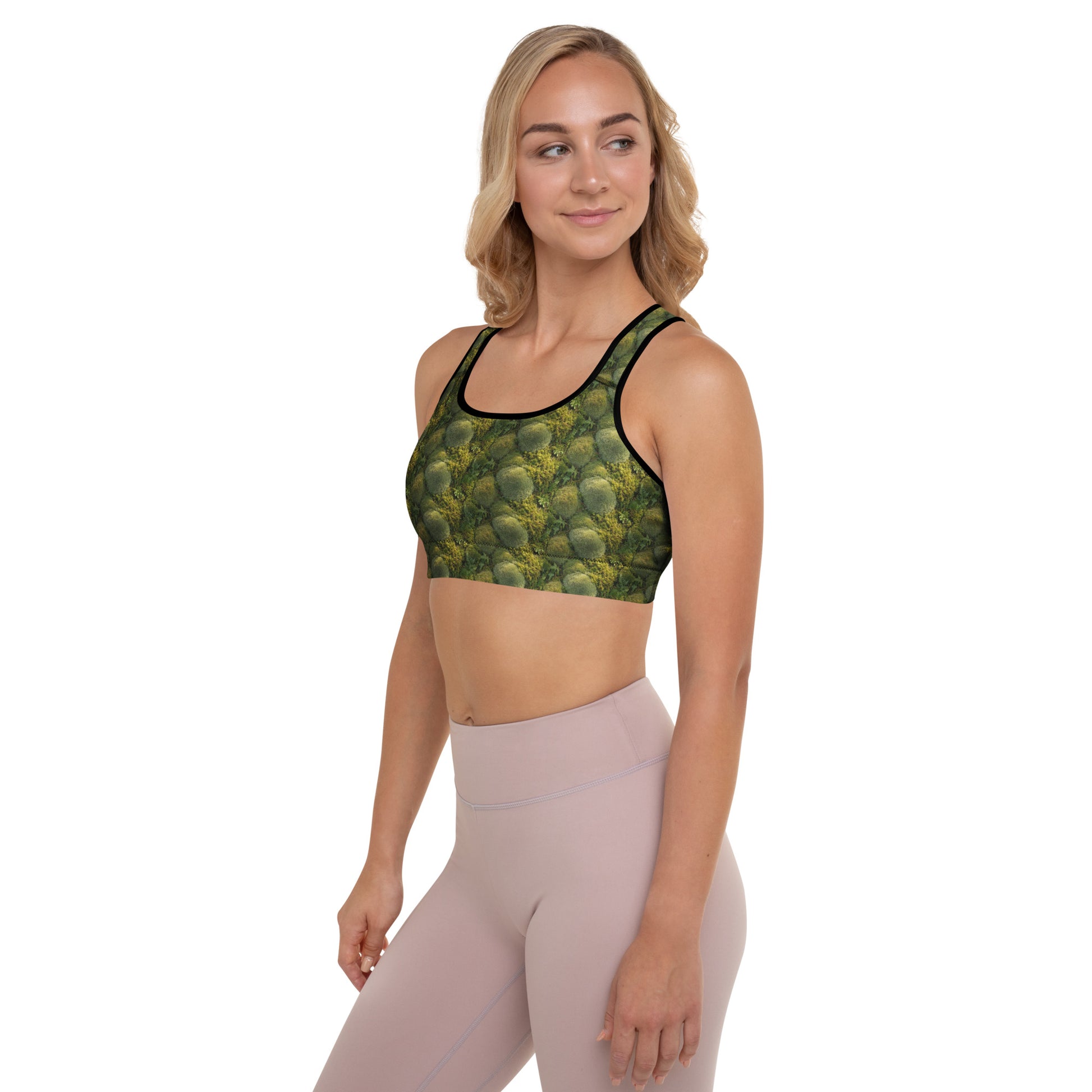 Novapuro Forest Floor Padded Sports Bra. Supportive fitness top with nature-inspired forest print. Ideal for yoga and gym workouts.