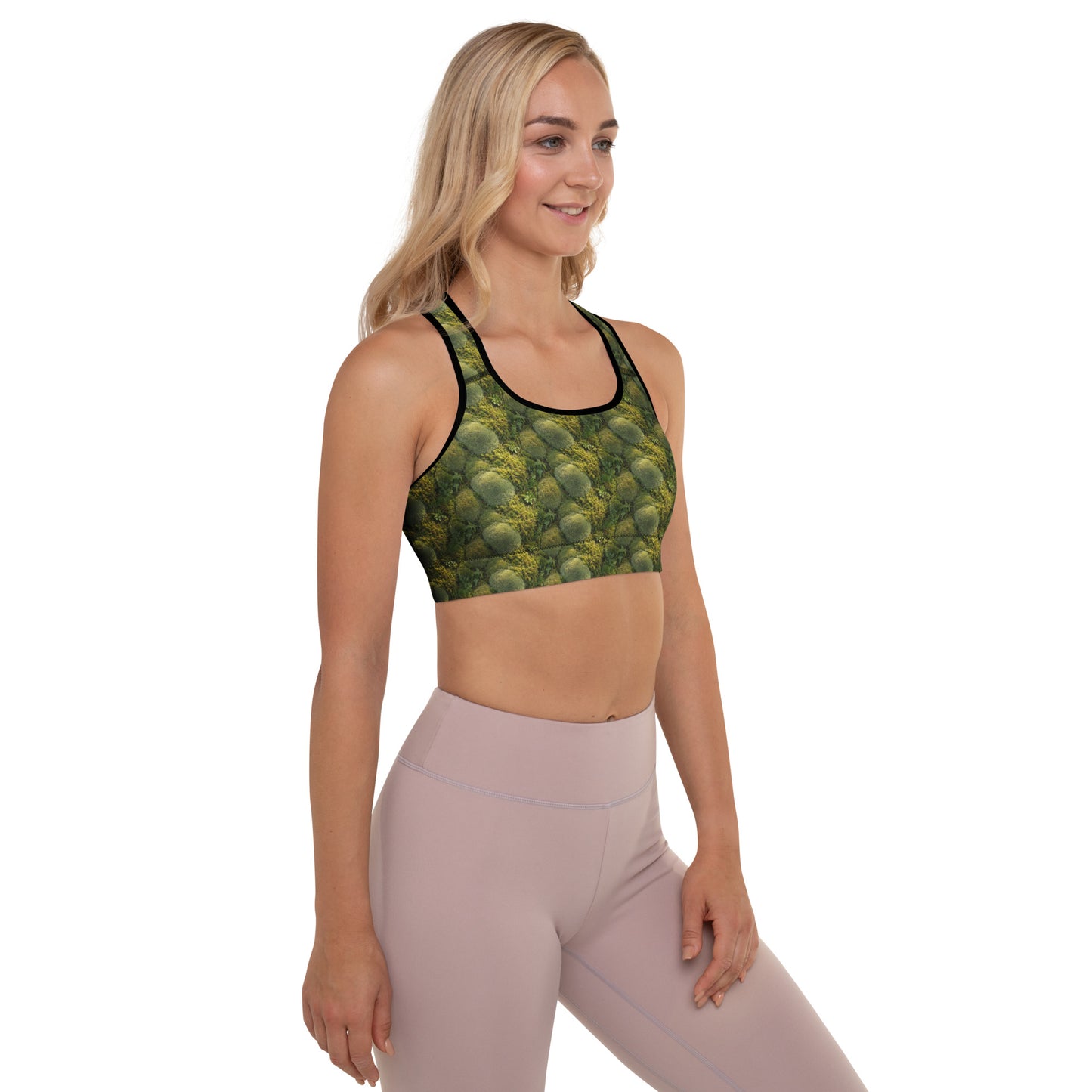Novapuro Forest Floor Padded Sports Bra. Supportive fitness top with nature-inspired forest print. Ideal for yoga and gym workouts.