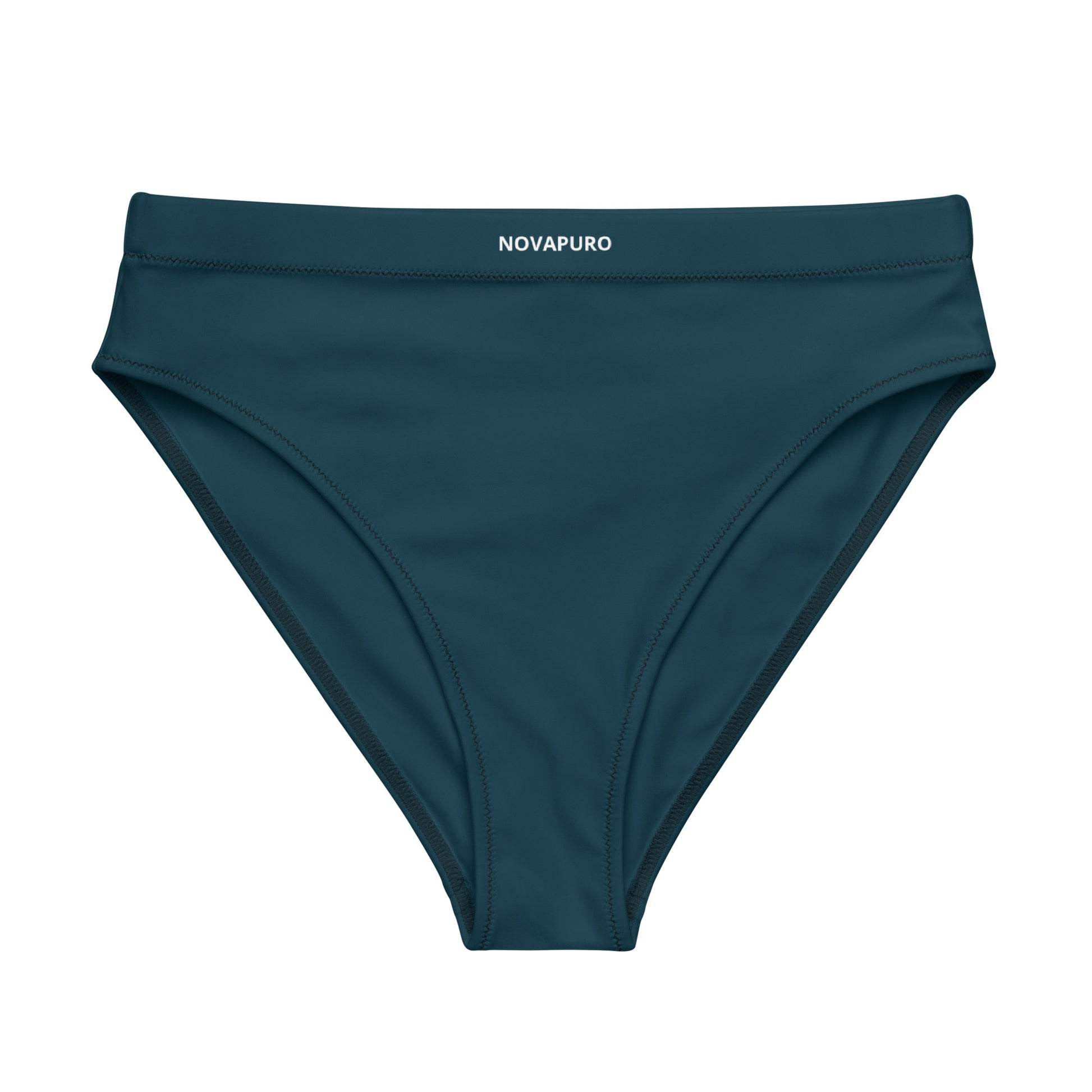 Dark blue Novapuro Signature recycled high-waisted bikini bottom on a model