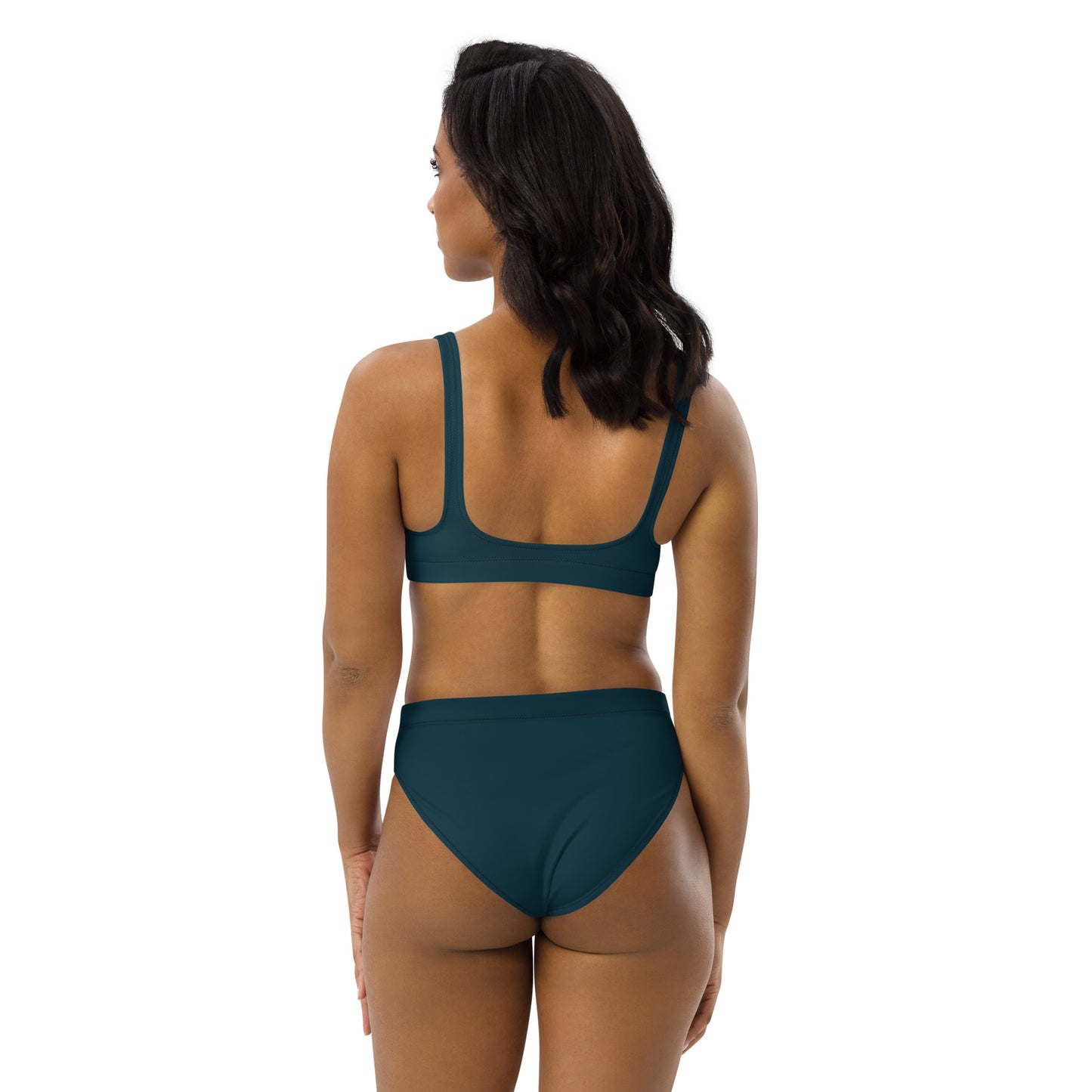 Back view of sustainable deep ocean blue high-waisted bikini set