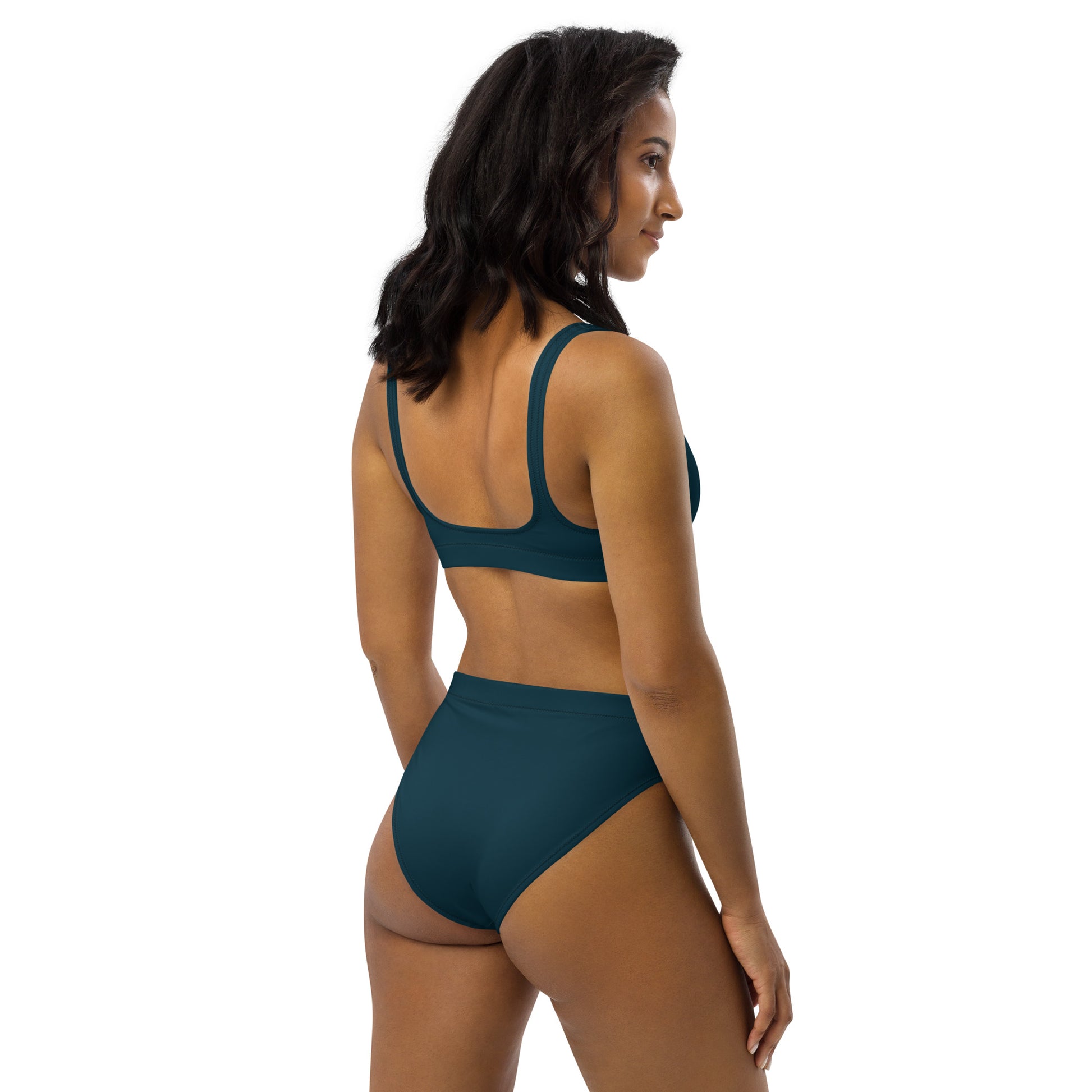 Back view of sustainable deep ocean blue high-waisted bikini set