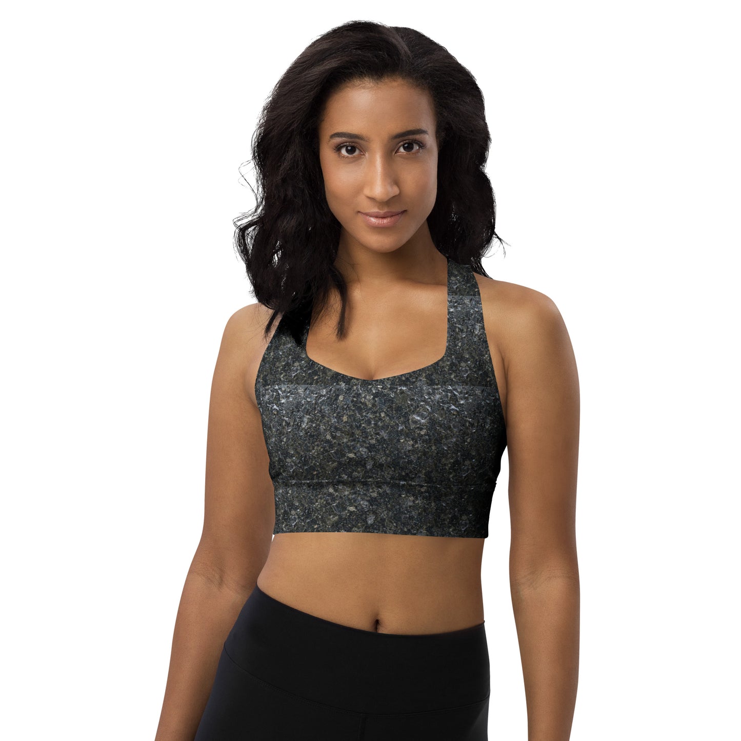 Novapuro Nordic Granite Longline Sports Bra. Sustainable padded yoga top with grey stone pattern. Perfect for fitness and gym.