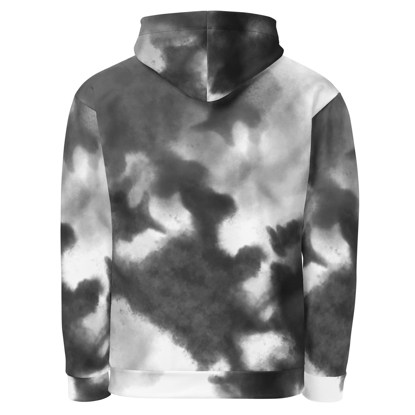 Close-up of the black and white abstract pattern on a sustainable unisex hoodie