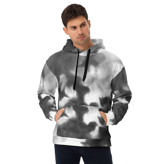 Man wearing the Novapuro Nordic Mist recycled all-over print hoodie