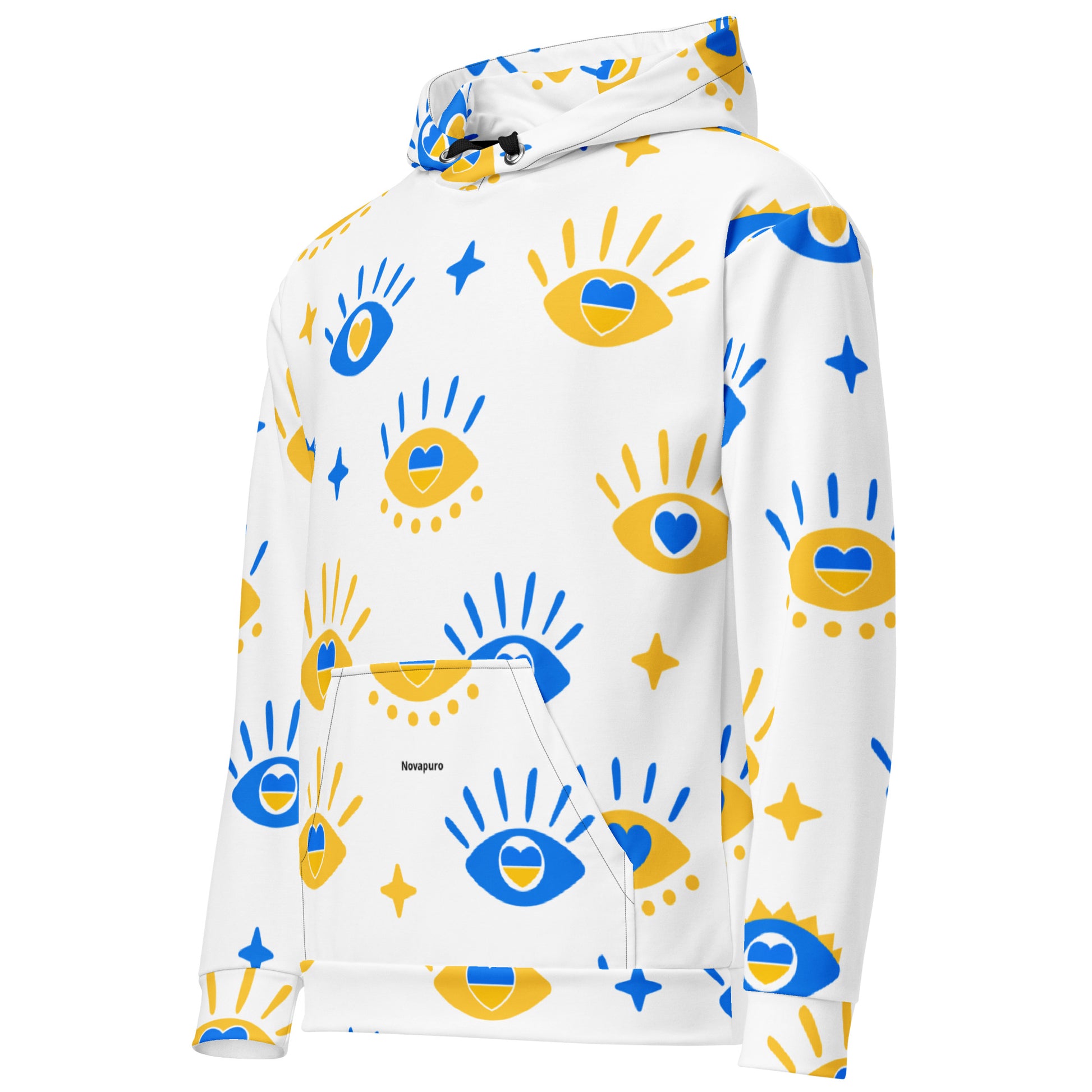 Model wearing the vibrant Novapuro Nordic Solstice all-over print hoodie made from recycled polyester