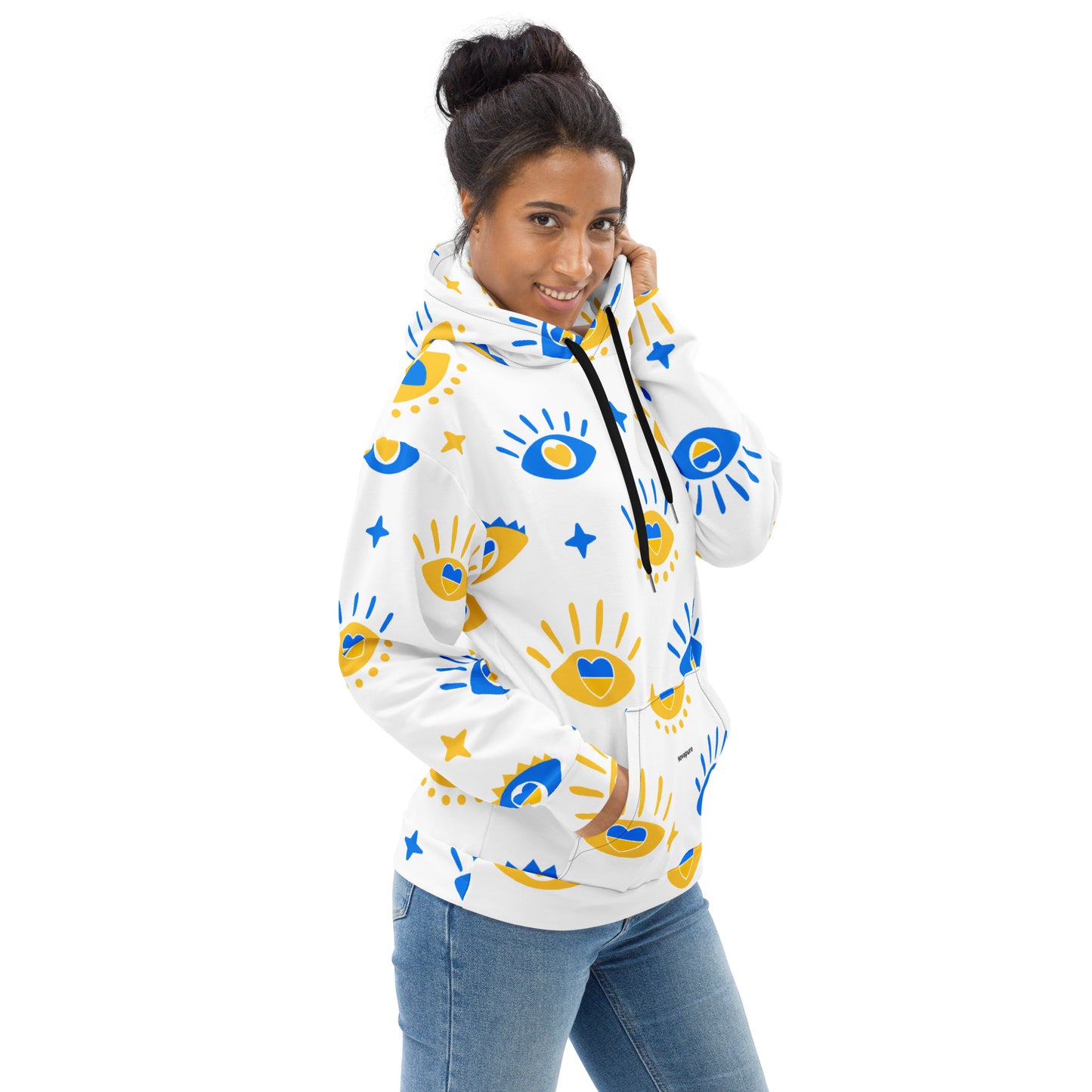 Model wearing the vibrant Novapuro Nordic Solstice all-over print hoodie made from recycled polyester