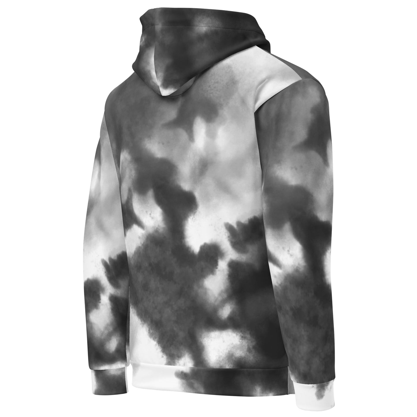 Close-up of the black and white abstract pattern on a sustainable unisex hoodie