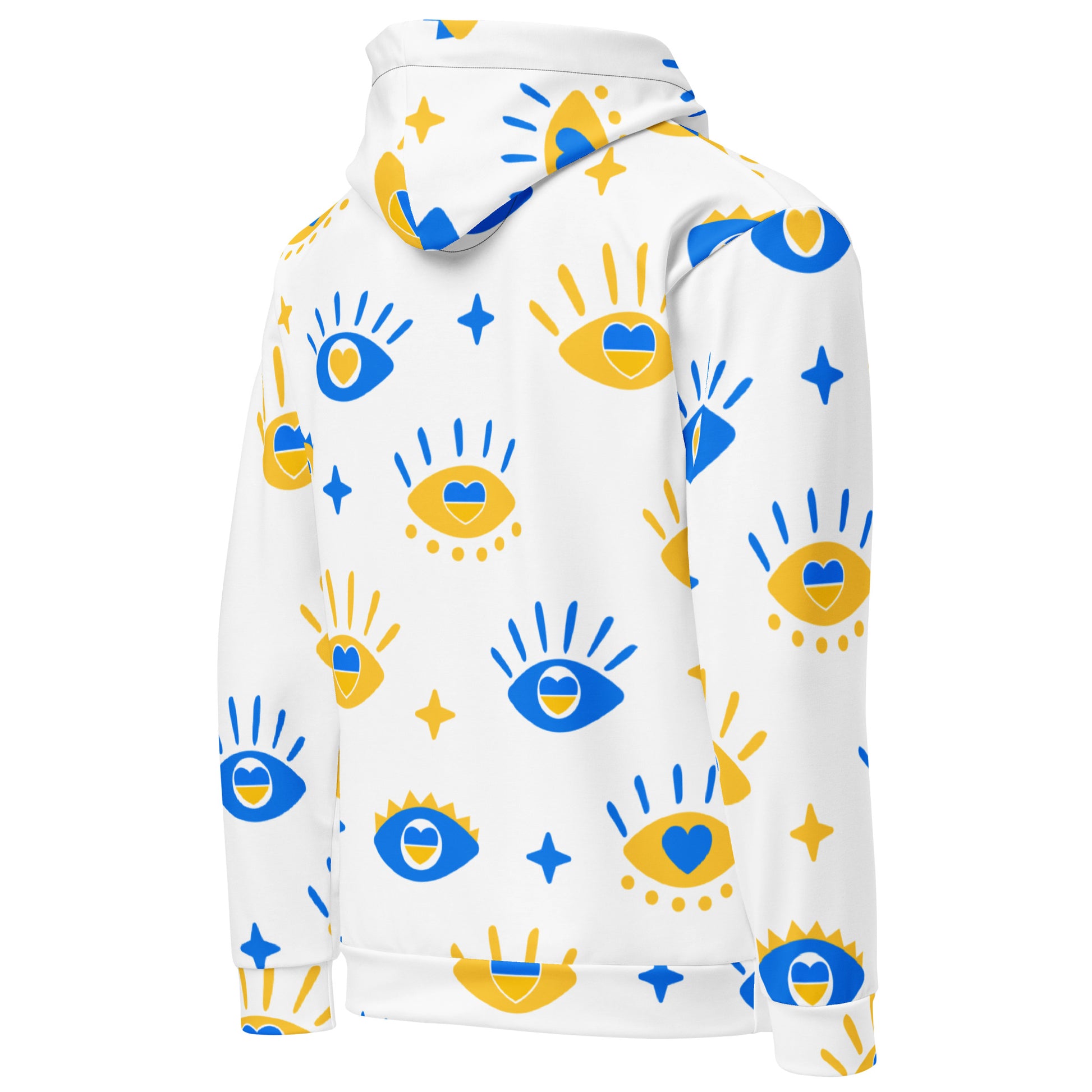 Model wearing the vibrant Novapuro Nordic Solstice all-over print hoodie made from recycled polyester
