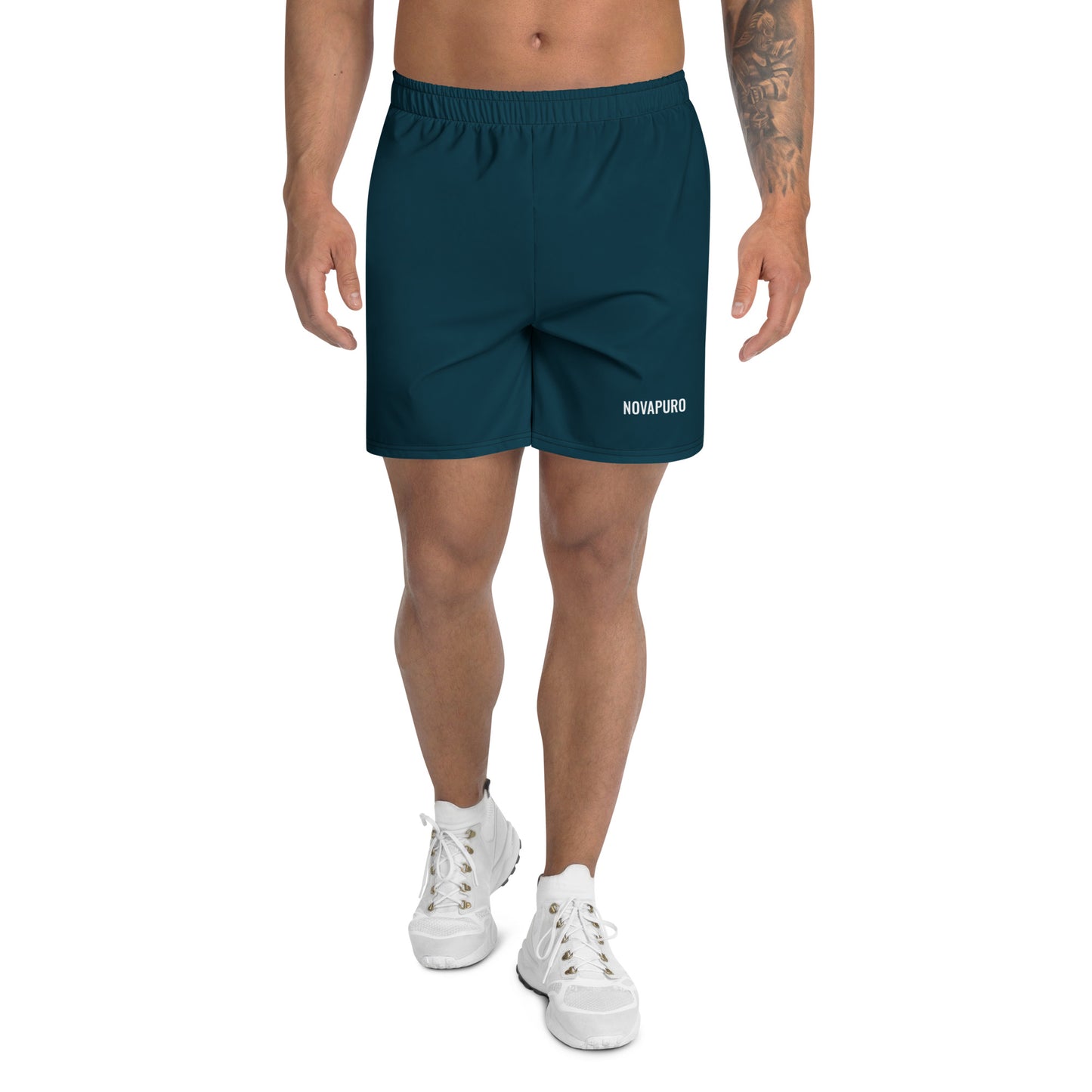 Dark blue Novapuro Signature recycled athletic shorts on a white background