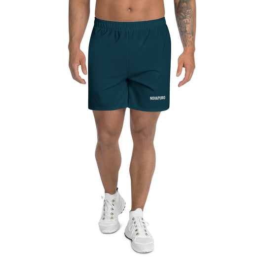 Dark blue Novapuro Signature recycled athletic shorts on a white background