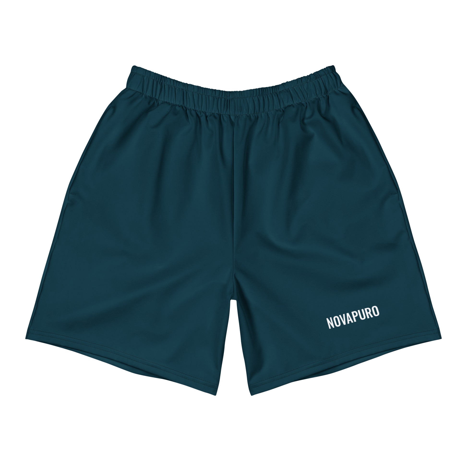 Dark blue Novapuro Signature recycled athletic shorts on a white background