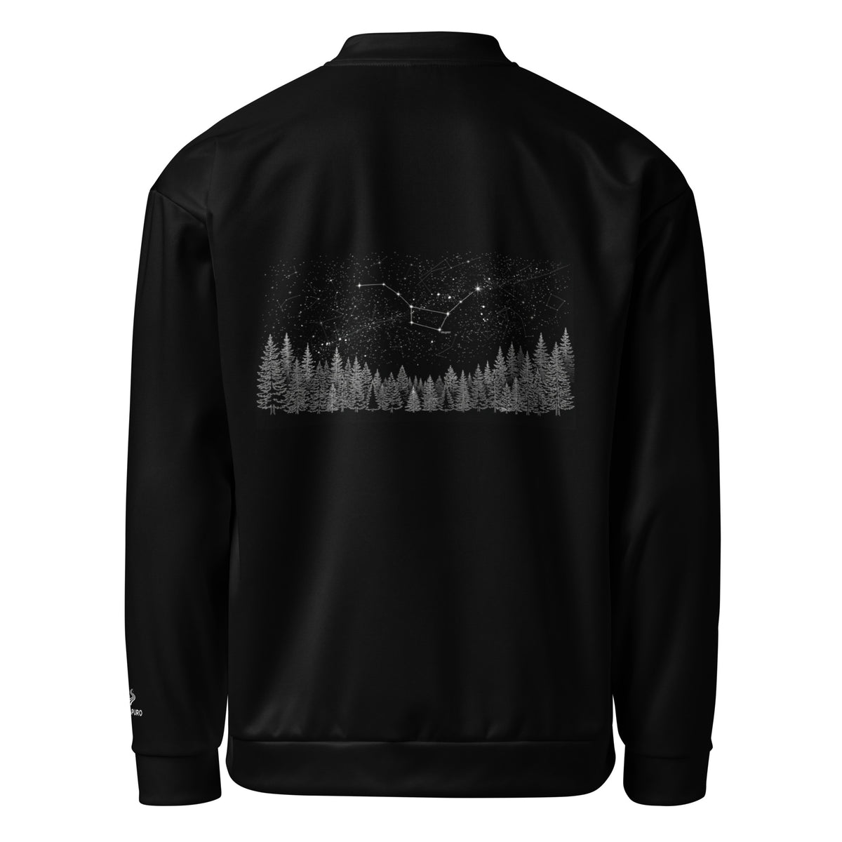 Back view of the black bomber jacket showcasing the striking Nordic night sky and pine forest line art design.
