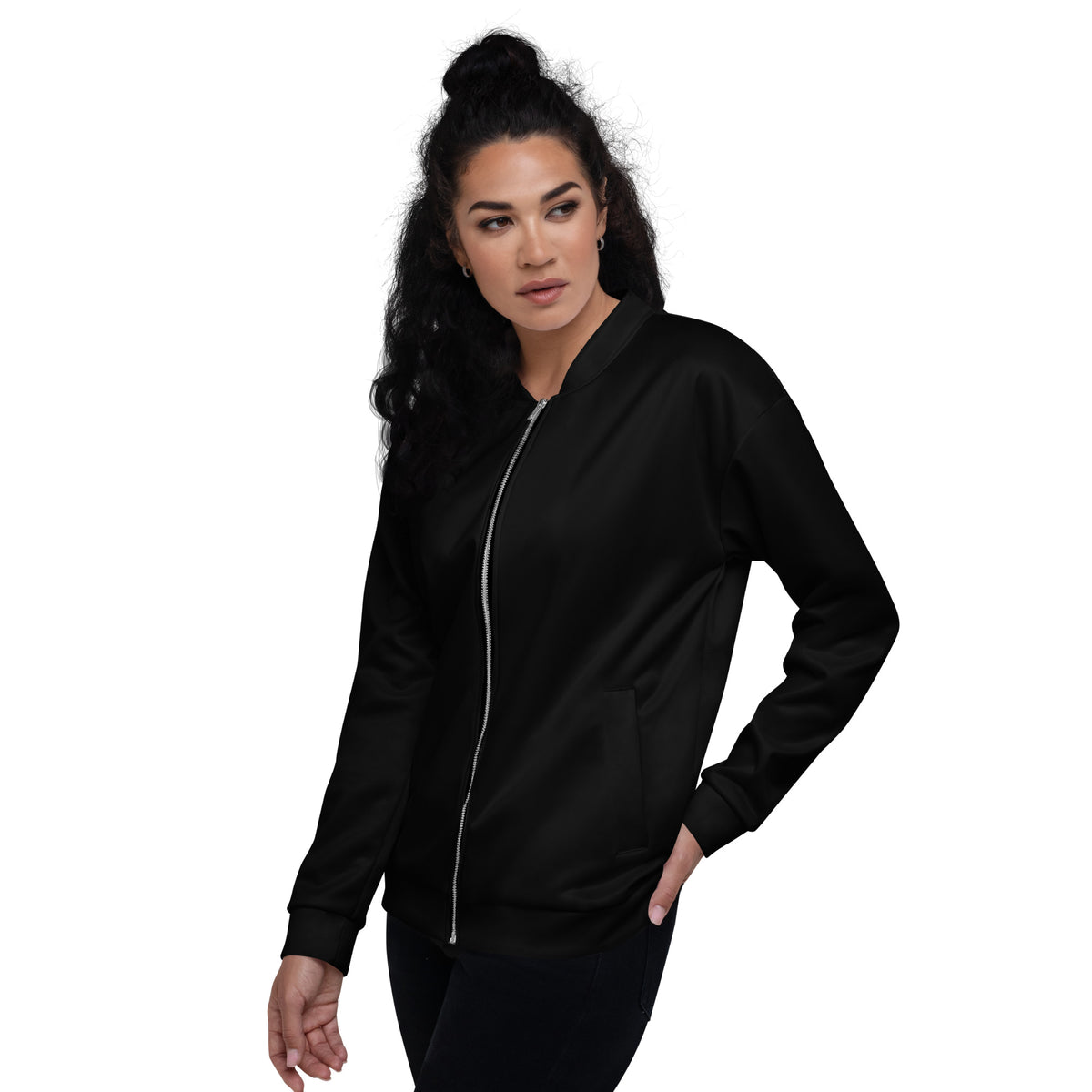 A female model facing forward wearing the black Novapuro bomber jacket left open, showcasing the relaxed unisex fit.