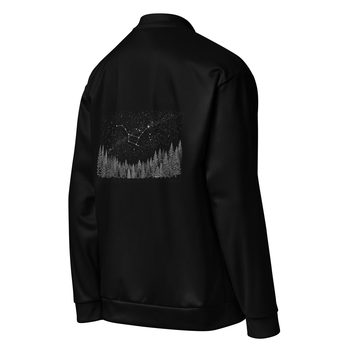 Back view of the black bomber jacket showcasing the striking Nordic night sky and pine forest line art design.