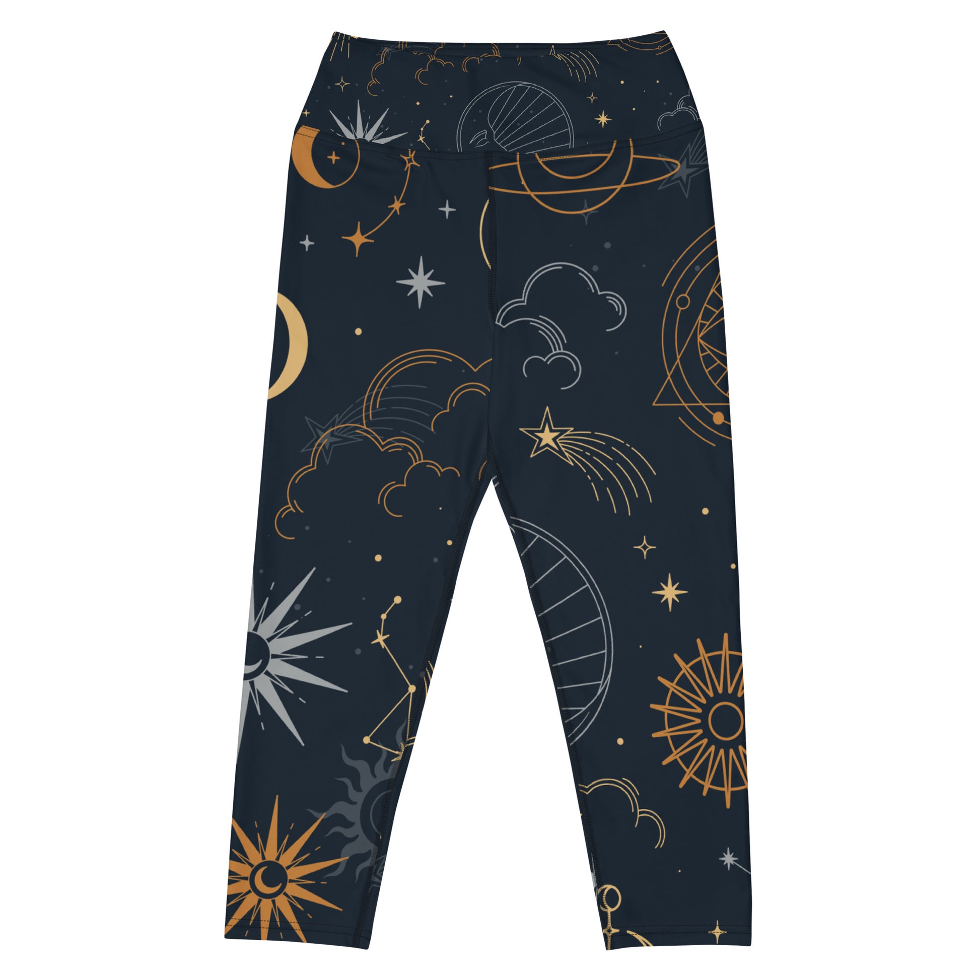 Close up of Nordic Moonrise premium cropped yoga pants with intricate lunar design