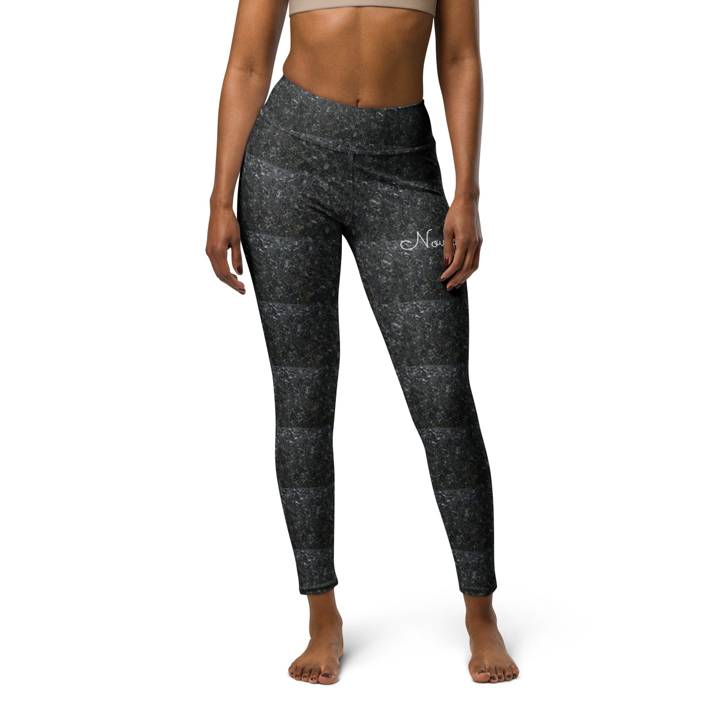 Novapuro Nordic Granite High-Waist Yoga Leggings. Sustainable grey stone pattern workout pants. Comfortable fitness wear for yoga and gym.