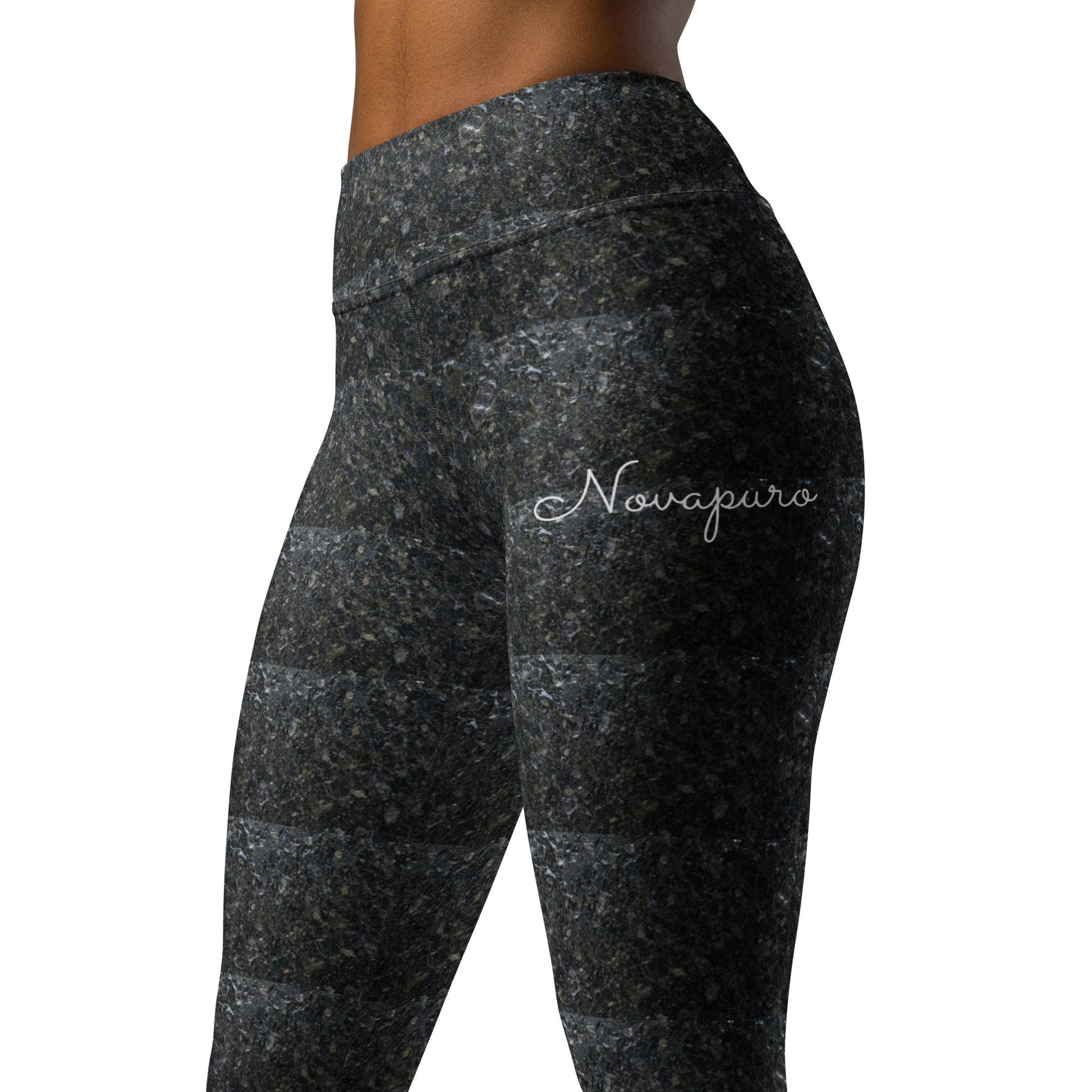 Novapuro Nordic Granite High-Waist Yoga Leggings. Sustainable grey stone pattern workout pants. Comfortable fitness wear for yoga and gym.