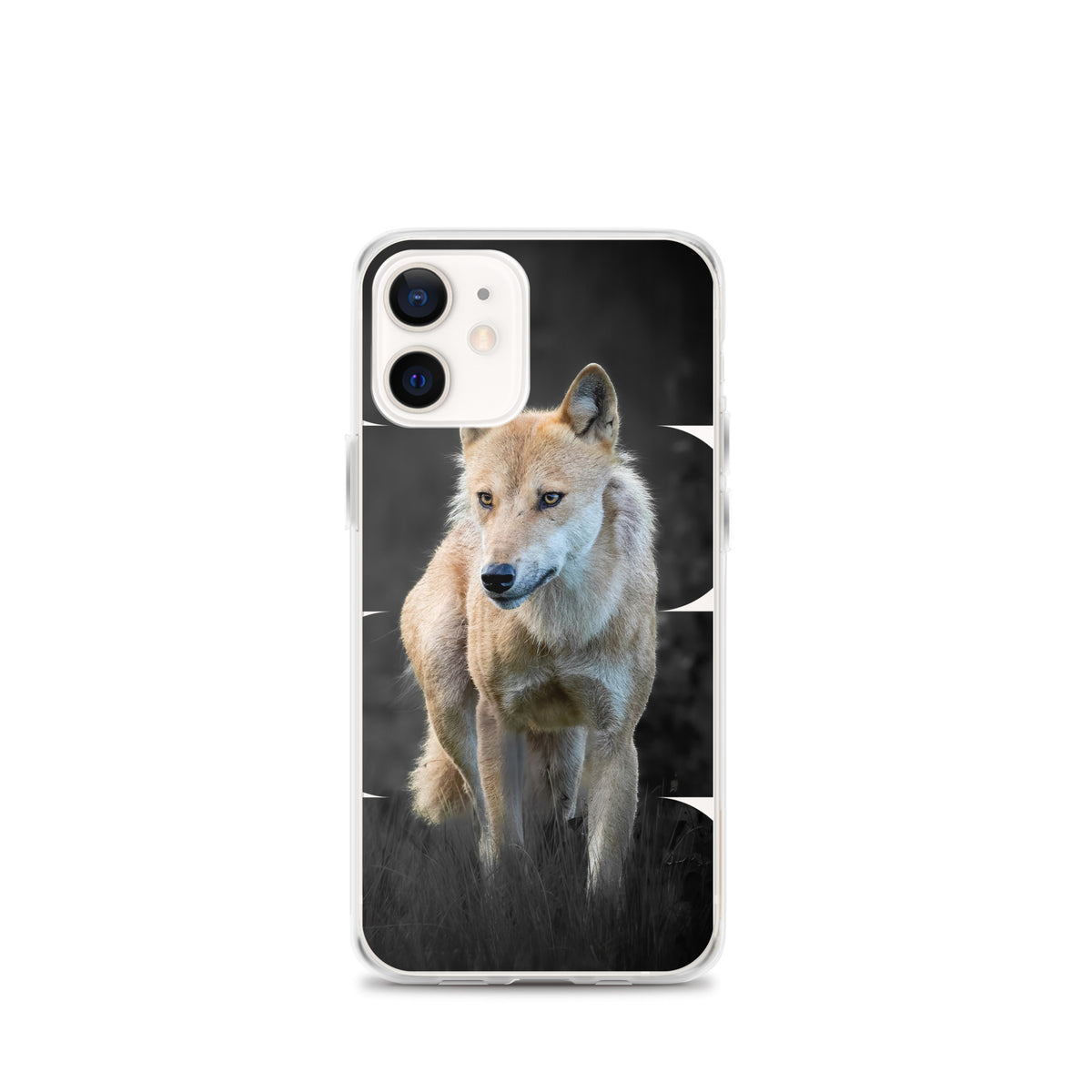 Clear iPhone case featuring a majestic Nordic wolf design, a nature-inspired collaboration between Novapuro and Auli Leivonen.